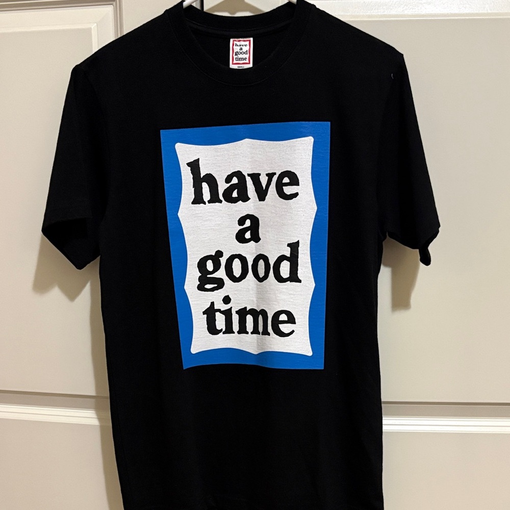 Black T-Shirt with Blue and White Graphic